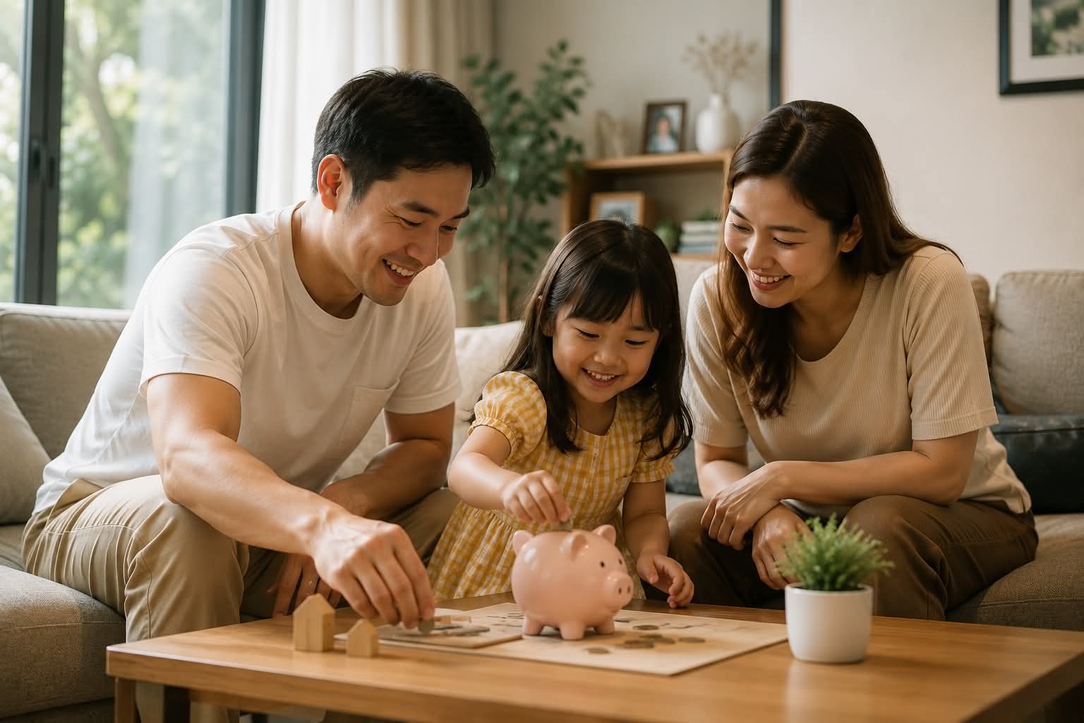 A mother and father with their young daughter putting coins into a piggy bank at home