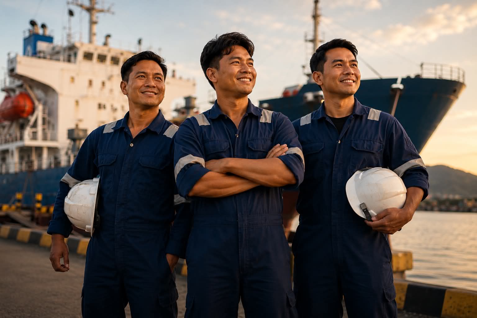 Three seafarers in coveralls standing on a dock in front of a cargo ship at sunset